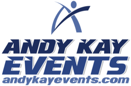 Andy Kay Events logo large blue and white graphic.